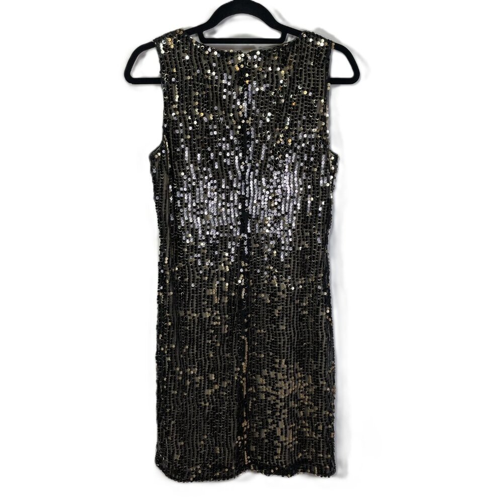 Lauren Ralph Sequins Evening Cocktail Dress Sleeveless Black Tan Gold Size 8 - Picture 8 of 16